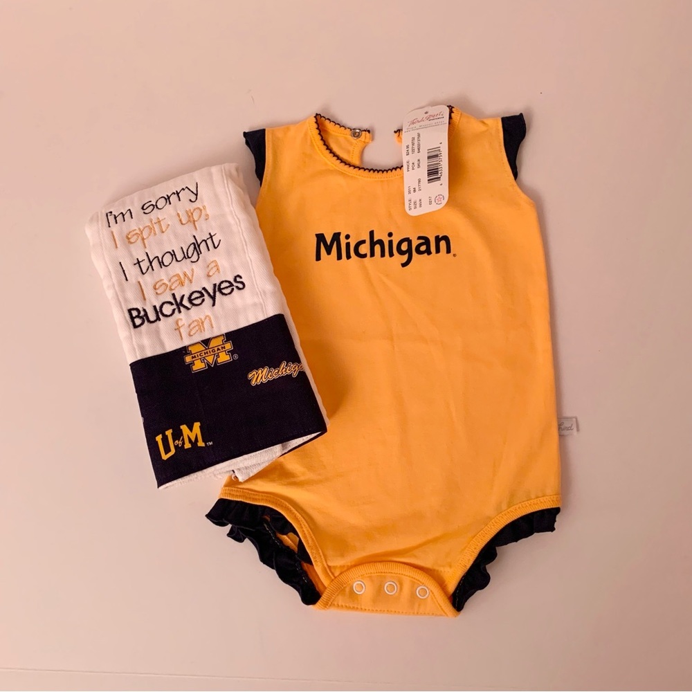 🆕 Gift Set - University of Michigan humorous burp cloth and girl's onsie 6 mo.
